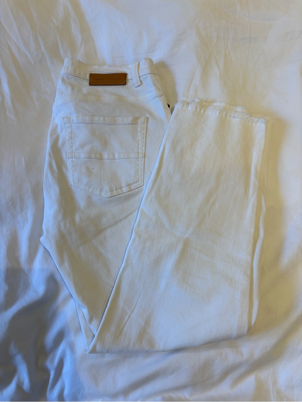 Women’s White Boot Cut Jeans with Leather Patch Detail